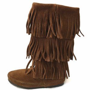Minnetonka Womens Sz 5 Brown Suede Leather Tall 3-Layer Fringe Moccasin Boots